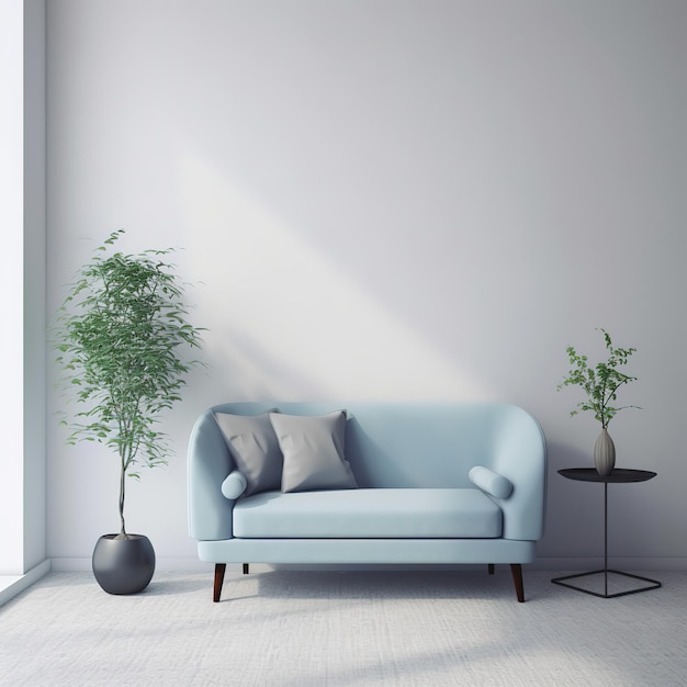 A blue couch in a room with a plant in the corner.