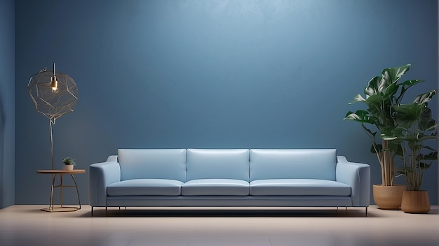 A blue couch sits in front of a blue wall There is a plant to the right of the couch and a lamp to