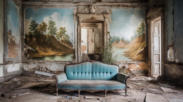 A blue couch sits in a ruined building with a painting of a river and trees on the wall.