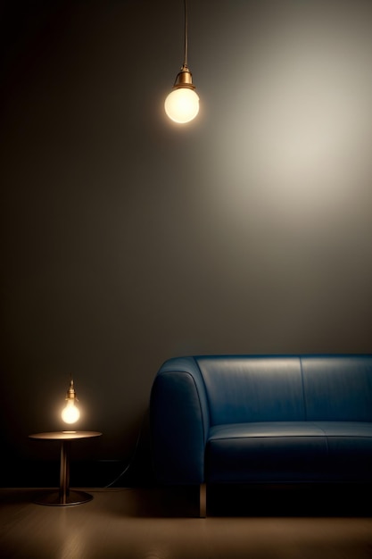 A Blue Couch Sitting Next To A Table With A Lamp On It