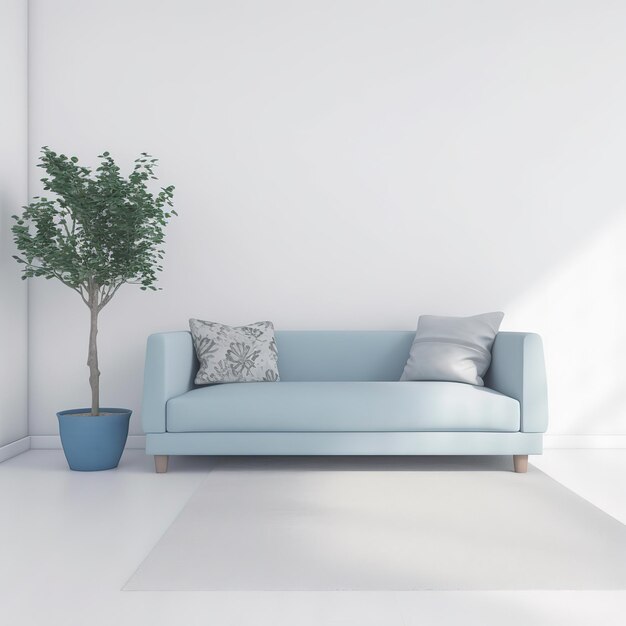 A blue couch in a white room with a plant in a blue pot.