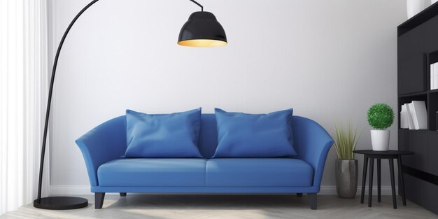 A blue couch with a black lamp hanging from the ceiling.