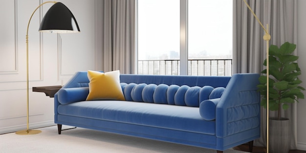 A blue couch with a black sign that says'la'on it