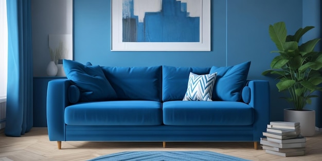 Photo a blue couch with a blue sofa and a painting on the wall