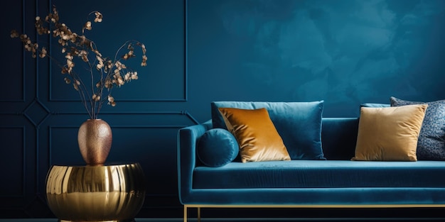 Blue couch with gold accents sits in front of wall with blue paint