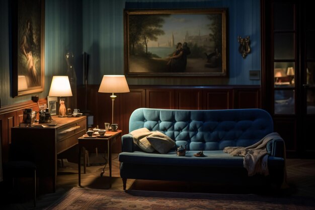 A blue couch with a lamp on it and a painting on the wall behind it
