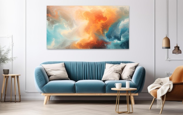 a blue couch with a painting on the wall