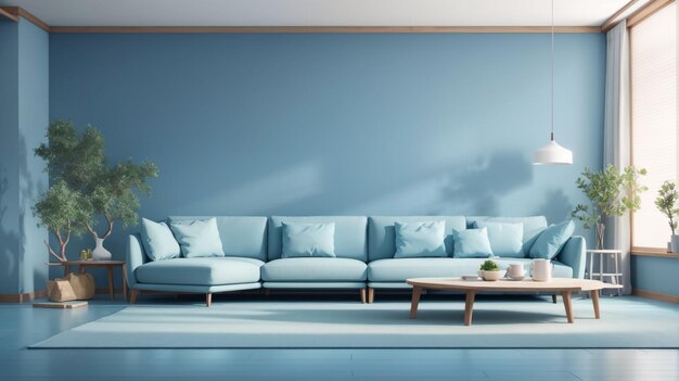 a blue couch with pillows on it and a coffee table in front of it