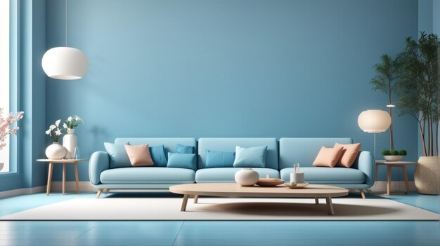 a blue couch with pillows on it and a coffee table in front of it