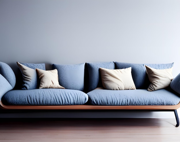 A blue couch with pillows on it in a living room with a blue wall behind it.