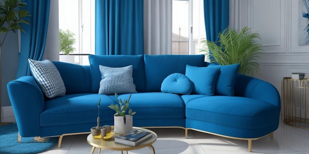 Photo blue couch with a white pillow and blue pillows