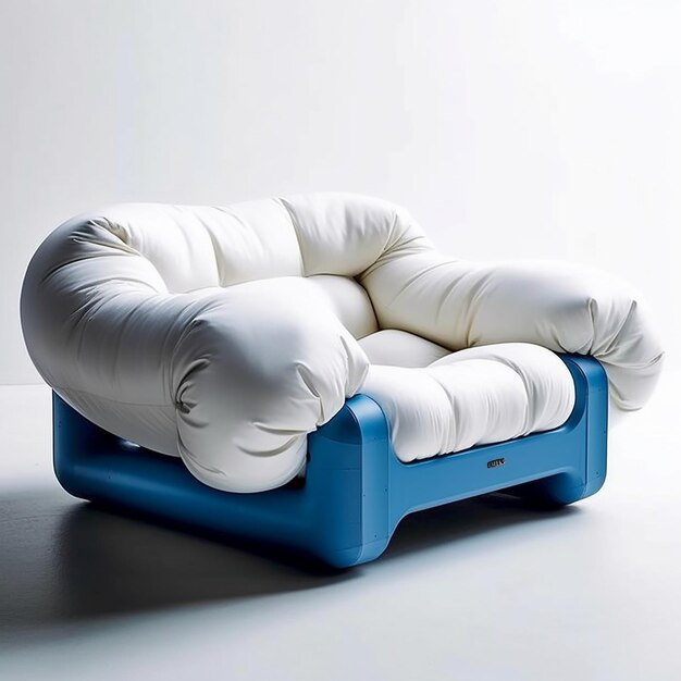 a blue couch with a white pillow on it that says " the word " on the side.