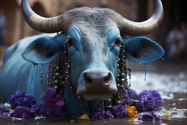 a blue cow with flowers on its head