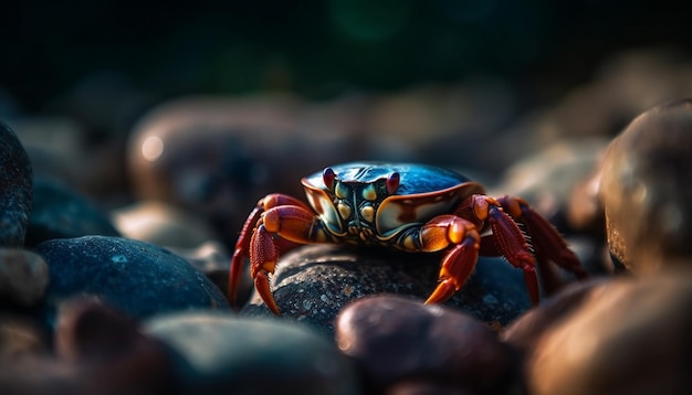 A blue crab sits on a rocky surface.