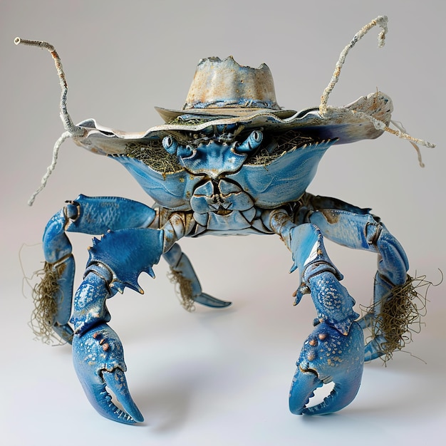 Photo a blue crab with a hat on it is shown