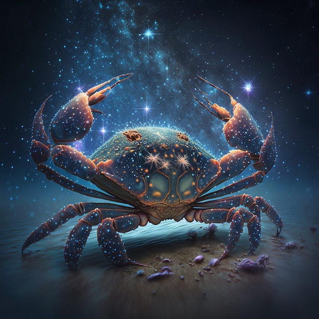 A blue crab with stars on it is on a dark background.