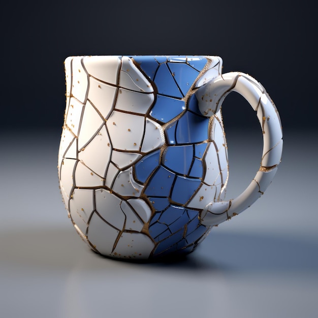 Photo blue cracked china coffee mug 3d model with cubism influence
