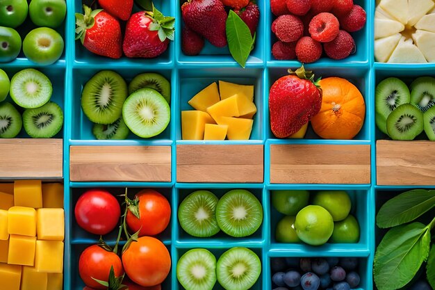 A blue crate of fruit including strawberries, kiwi, and kiwi