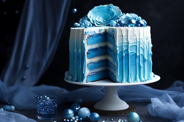 Photo blue creamy cake with ombre effect