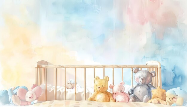 A blue crib with bears and a pink blanket