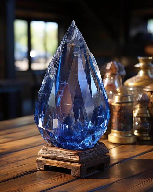 A blue crystal object rests upon a wooden table Generative AI