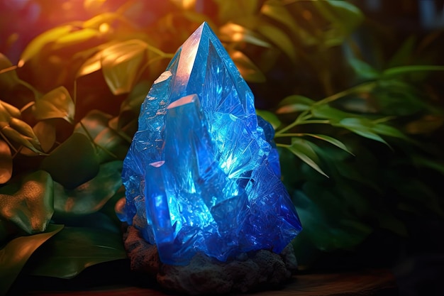 A blue crystal on a rock