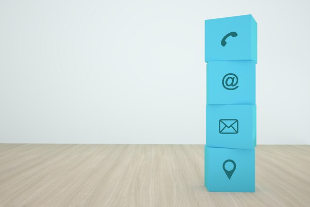Blocco cubo blu accatastamento con contatto icona organizzare in fila su legno