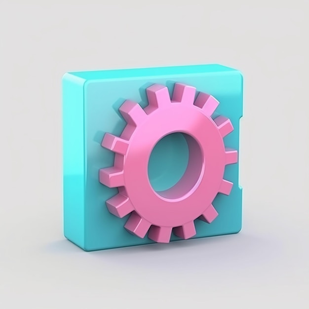 A blue cube with a pink cog in the middle 3d icon