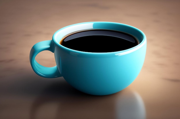 A blue cup of coffee sits on a table with a white background.