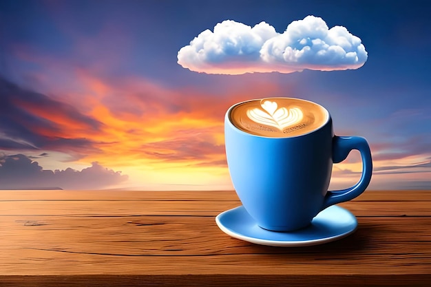 A blue cup of coffee with a cloud in the shape of a heart on the top.