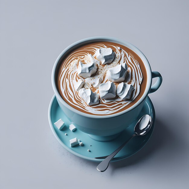 A blue cup of coffee with marshmallows on top of it.