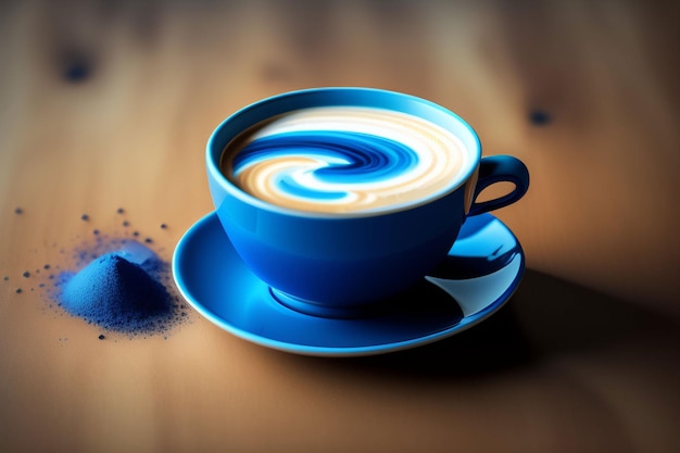 A blue cup of coffee with swirls on the rim