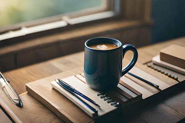 木のテーブルの上にペンとインクが置かれた青いコーヒーカップ