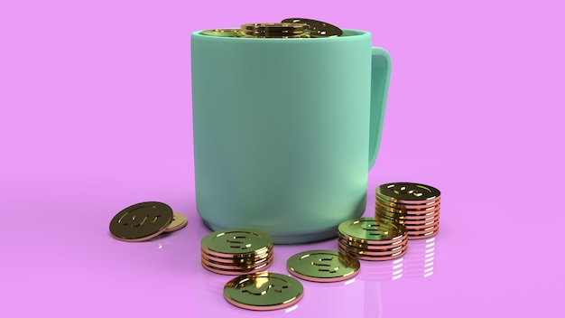 La tazza blu e la moneta d'oro su sfondo rosa per il rendering 3d contenuto aziendale.