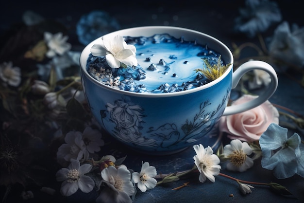 A blue cup with a blue liquid in it with flowers on the table.