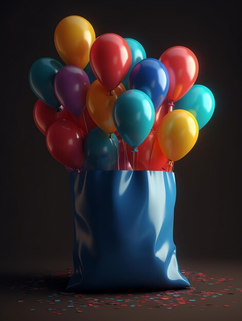 A blue cup with a bunch of colorful balloons in it