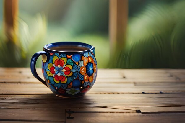 Photo a blue cup with a floral design on it sits on a wooden table.