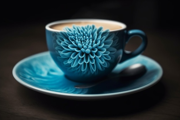 A blue cup with a flower design on it sits on a saucer.