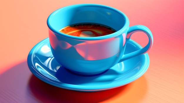 Foto una tazza blu con un piatto e un piatto su una superficie rossa
