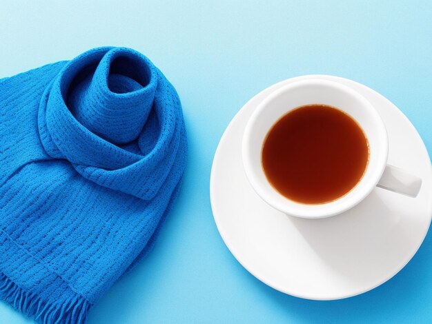 Blue cup with scarfcoffee on blue background blue monday concept