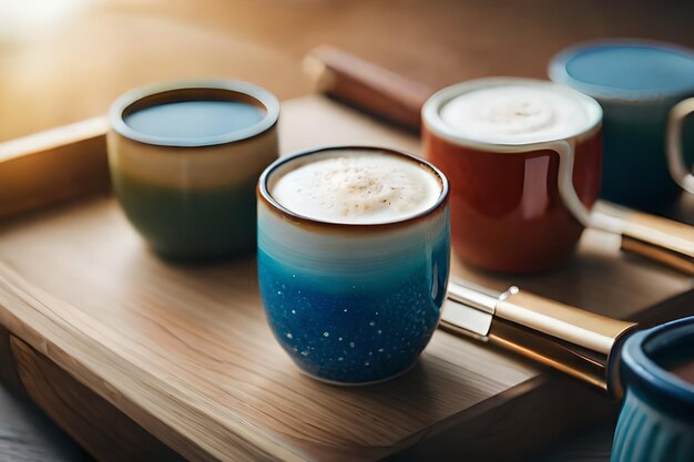 a blue cup with a white flower on it