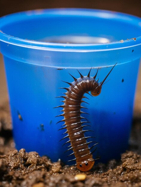 Photo a blue cup with a worm on it is in the dirt