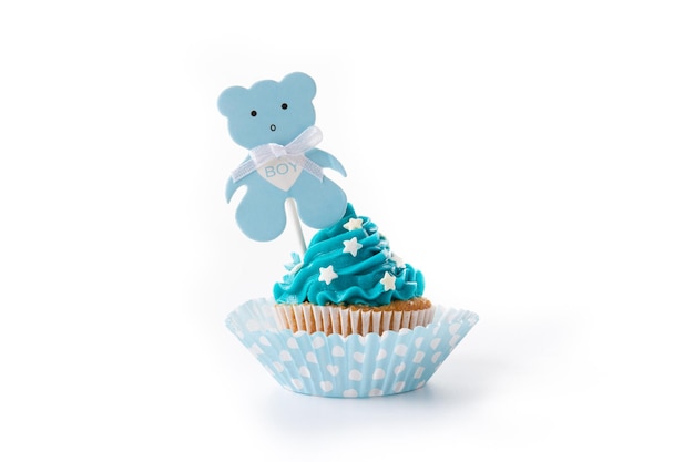 Blue cupcake for baby shower isolated on white background