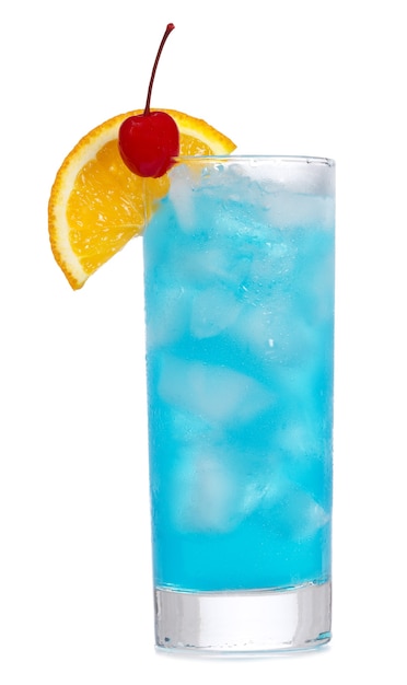 Blue Curacao cocktail with orange on white 