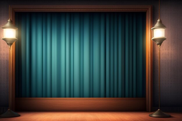 A blue curtain is behind a stage that says the word on it