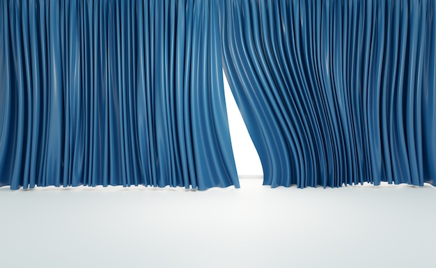Синие шторы с деревянным полом в комнате театра или домашнего кинотеатра, рендеринг 3D иллюстраций