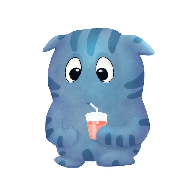 Blue cute cartoon funny monster with juice on white