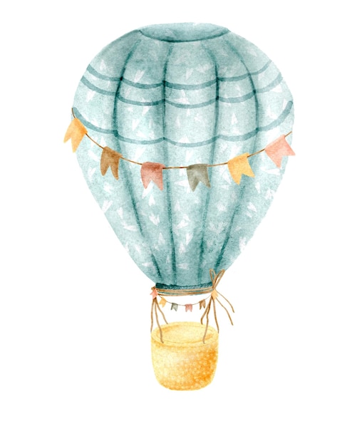 Blue cute hearts hot air balloon with yellow basket and with flags hand drawn illustration isolated on white background