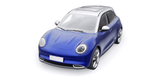 Blue cute little electric hatchback car 3D illustration