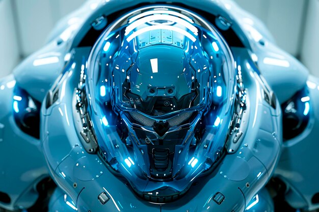 사진 파란색 사이버 ai 미래의 기계 어두운 스튜디오에서 투명한 내부 시야와 영화적 조명과 함께 위에서 아래로 사진 촬영